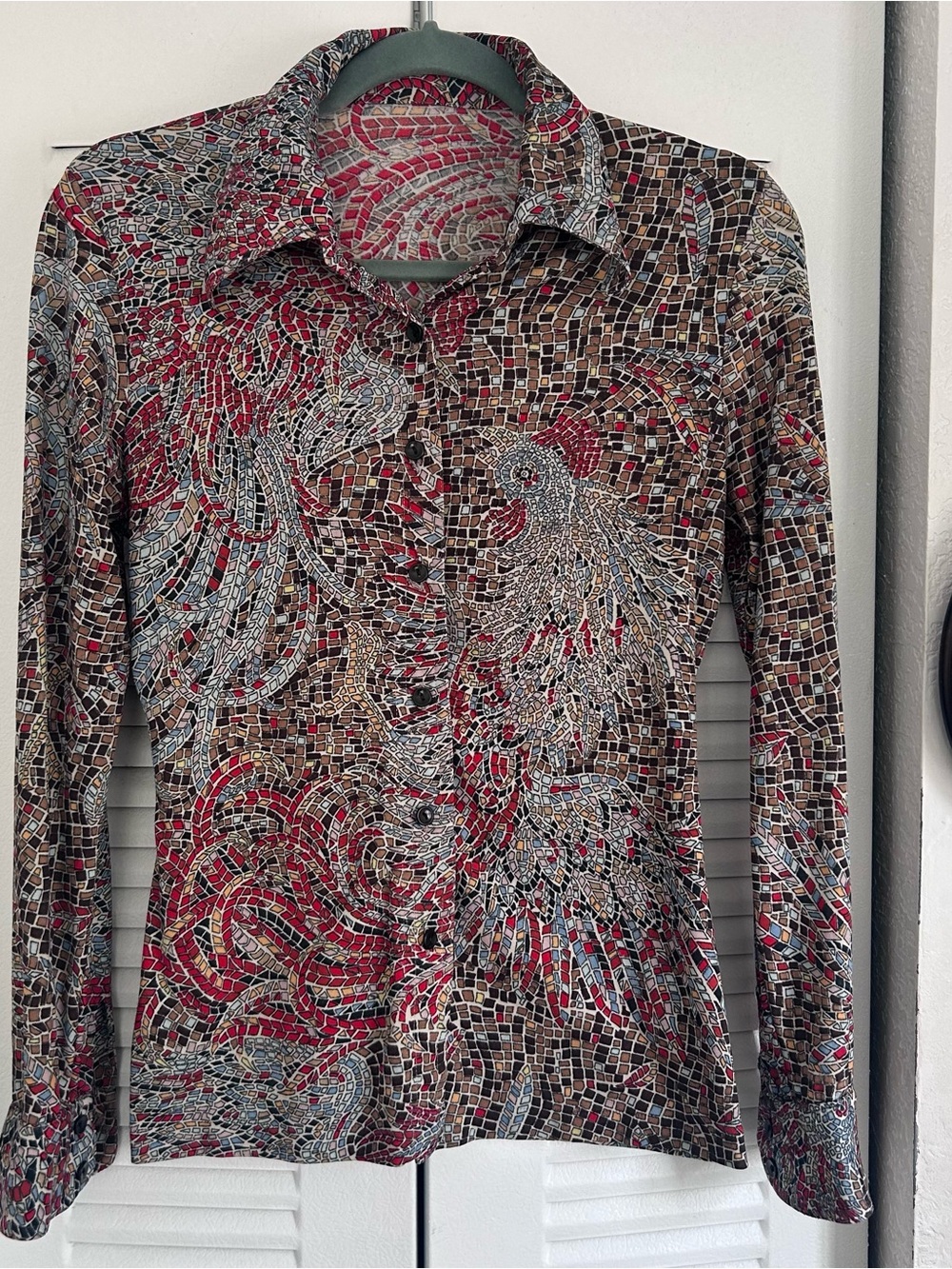 Long-Sleeve Mosaic Print Shirt - Red & Brown